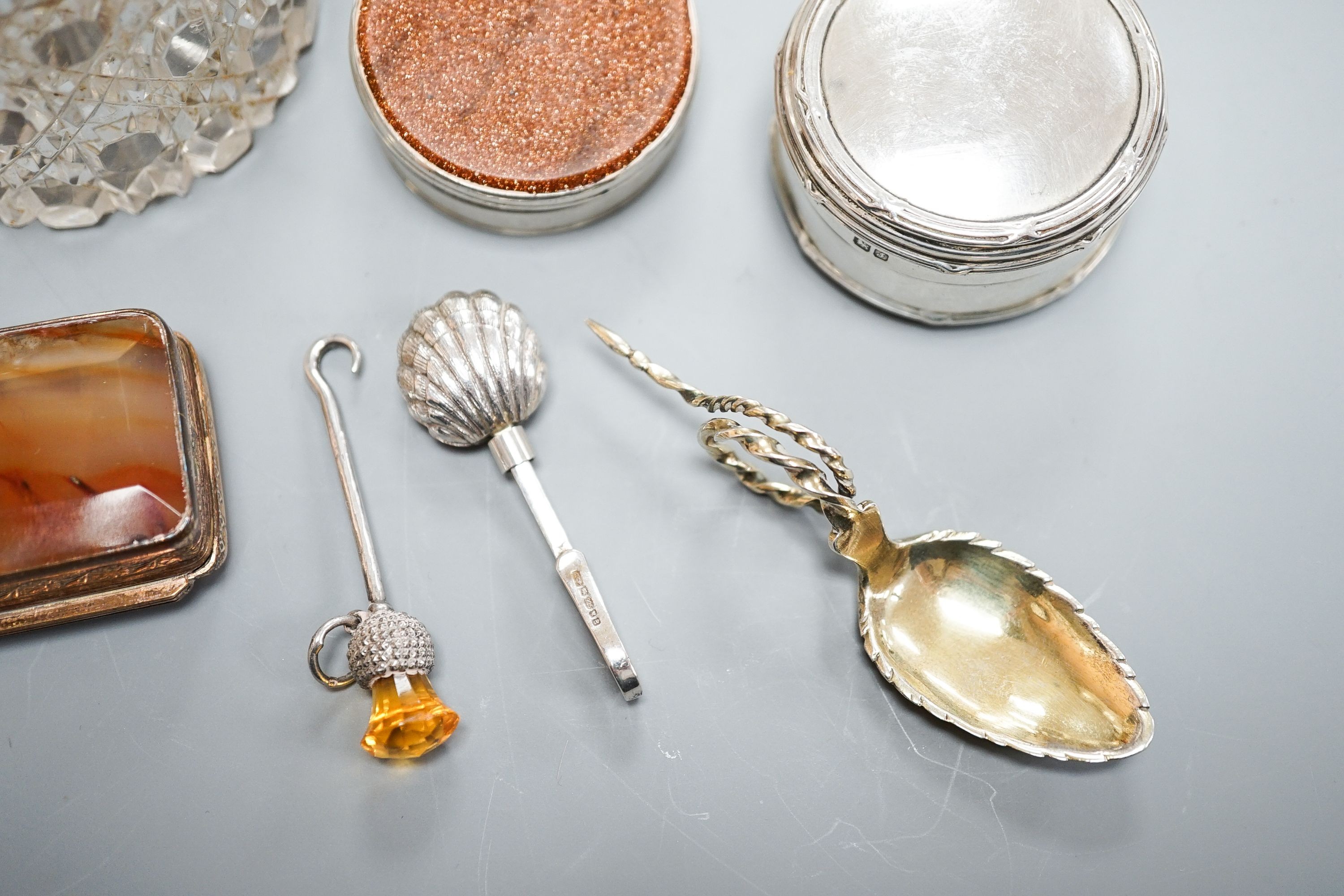 A mid 18th century counter box (adapted?), 4cm, a George V silver pill box, a banded agate set copper snuff box, two small gilt white metal spoons stamped '131/2', a George V silver button hook with thistle terminal and